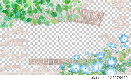 Watercolor illustration of fresh green branches and nemophila against the background of a brick wall and window. Natural frame design. 125079453