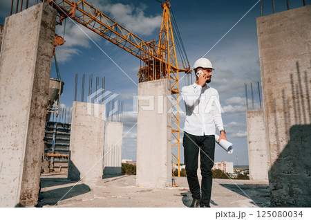 Talking by phone and holding document in hands. Man in uniform is working on the construction site Talking by phone and holding document in hands. Man in uniform is working on the construction site 125080034