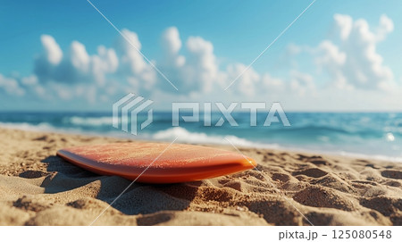A surfboard lying on the beach, with a blue sky and calm sea on the background. 125080548
