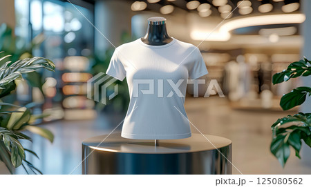 A t-shirt with mannequin placed on podium, isolated store background. 125080562