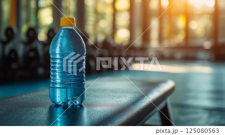 Bottles with water on a gym bench with blurred gym background. 125080563