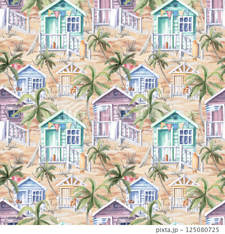 Seamless pattern with beach houses and palm trees on a sandy shore. Watercolor illustration on a beige background with holiday scenes for printing on posters, fabrics, restaurant design, sports stores Seamless pattern with beach houses and palm trees on a sandy shore. Watercolor illustration on a beige background with holiday scenes for printing on posters, fabrics, restaurant design, sports stores 125080725
