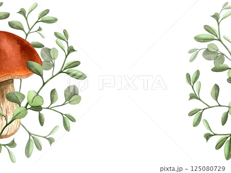 Bolete mushrooms and blueberry leaves horizontal frame. Isolated watercolor hand drawn botanical detailed composition Seasonal floral set with fungus for card, print, pattern, Fall holiday 125080729