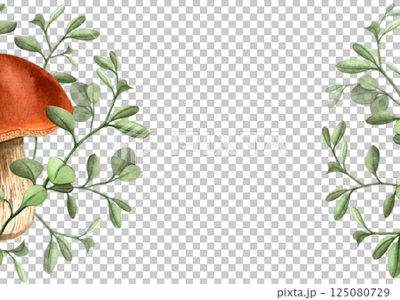 Bolete mushrooms and blueberry leaves horizontal frame. Isolated watercolor hand drawn botanical detailed composition Seasonal floral set with fungus for card, print, pattern, Fall holiday 125080729