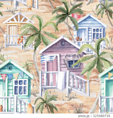 Seamless pattern with beach houses on a sandy shore. Watercolor illustration on a beige background with holiday scenes for printing on posters, fabrics, restaurant design, sports stores. 125080730