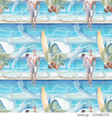 Seamless pattern with a surfer, sea and sand. Watercolor illustration on a turquoise background on the theme of active recreation for printing on posters, fabrics, restaurant design, sports stores. Seamless pattern with a surfer, sea and sand. Watercolor illustration on a turquoise background on the theme of active recreation for printing on posters, fabrics, restaurant design, sports stores. 125080733