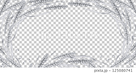 Rectangular frame with ears of wheat and grains. Isolated pencil illustration on the theme of harvest for the design of the menu of a pub, bakery, bakery, interior, advertising brochures 125080741