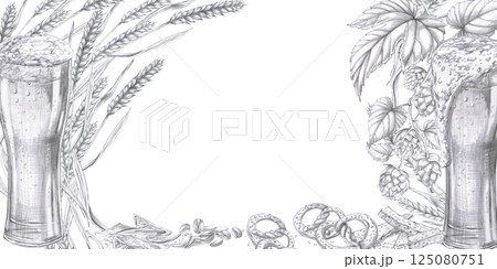 Rectangular frame with two pints of beer, ears of corn, branches of hops. Isolated pencil illustration in a realistic style for the design of a pub menu, interior, advertising brochures. 125080751
