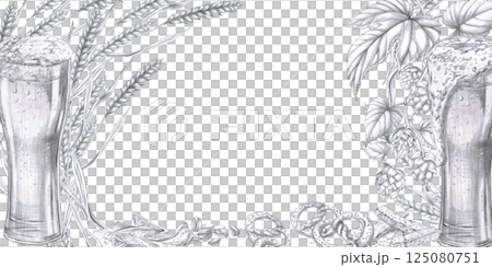 Rectangular frame with two pints of beer, ears of corn, branches of hops. Isolated pencil illustration in a realistic style for the design of a pub menu, interior, advertising brochures. 125080751