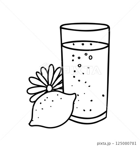Lemonade Composition. Glass with Lemon Fruit and Daisy Flower. Summer refreshment beverage illustration isolated on a background. Black and white outline drawing in Doodle style. For restaurant menus 125080781