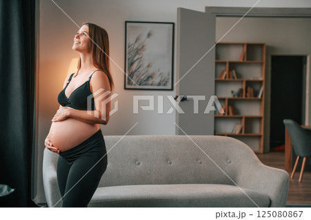 Standing in the domestic room and touching the belly. Beautiful pregnant woman is indoors at home Standing in the domestic room and touching the belly. Beautiful pregnant woman is indoors at home 125080867