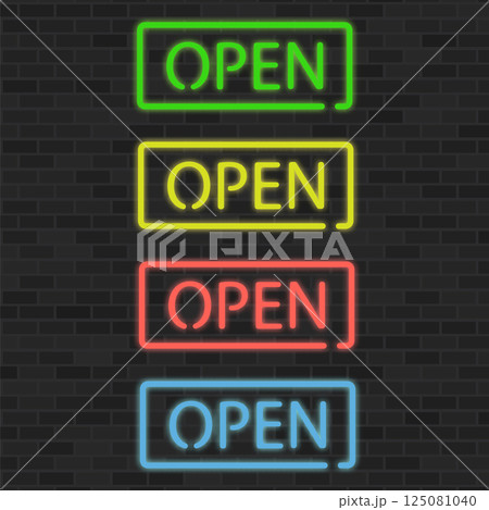 Vector colorful glowing frame. Neon banner on black background. Colored OPEN sign. Bright retro light enter symbol for club or bar casino, cinema. Decoration on wall and template covering 125081040