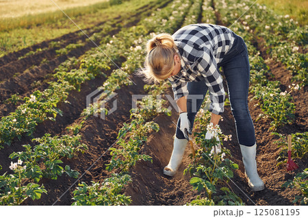 Woman is working on the agricultural field at daytime Woman is working on the agricultural field at daytime 125081195