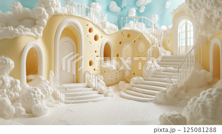 Fairytale street in a whimsical cheese village with creamy clouds and staircase. Perfect for dairy-themed visuals and kids content 125081288