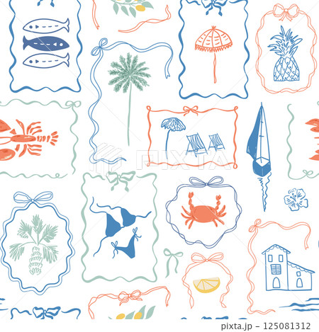 Tropical coquette beach summer pattern, Italy vacation, dolce vita. Vector Mediterranean wallpaper with stamps 125081312