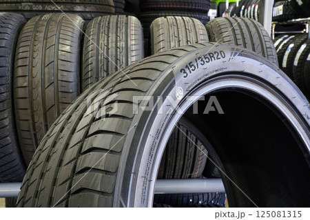 Closeup of the tread of a large size high performance summer tire Closeup of the tread of a large size high performance summer tire 125081315
