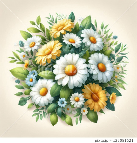 Watercolor bouquet of white daisies in round floral composition with green leaves and wildflowers, soft botanical illustration on clean background, concept of stationery, nature decor, print design 125081521