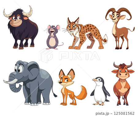 Cartoon animal collection, featuring a bull, mouse, lynx, goat, elephant, fox, penguin, and another bull. All are smiling with big eyes. Cartoon animal collection, featuring a bull, mouse, lynx, goat, elephant, fox, penguin, and another bull. All are smiling with big eyes. 125081562