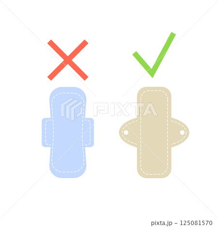 Ecological and ordinary menstrual pads with approved and disapproved sign. Reusable hygienic product made of cotton fabric. Reducing waste concept 125081570