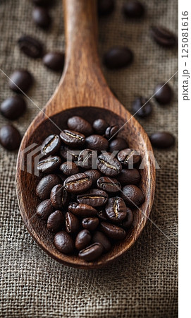Close-up shot of roasted coffee beans inside a wooden spoon on a burlap sack. 125081616