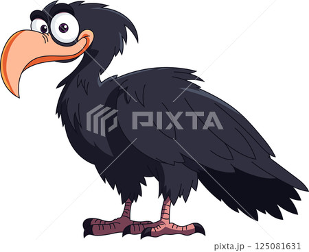 A cartoon illustration shows a dark-feathered bird with large eyes and a curved beak standing against a black background. 125081631