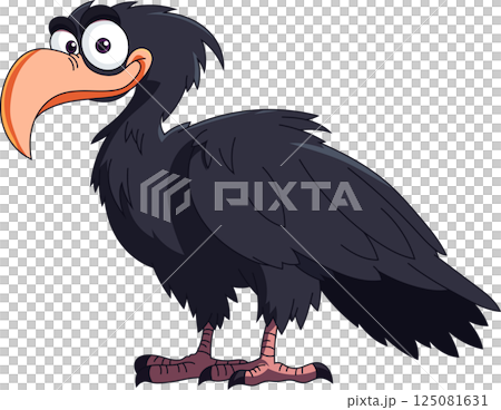 A cartoon illustration shows a dark-feathered bird with large eyes and a curved beak standing against a black background. 125081631