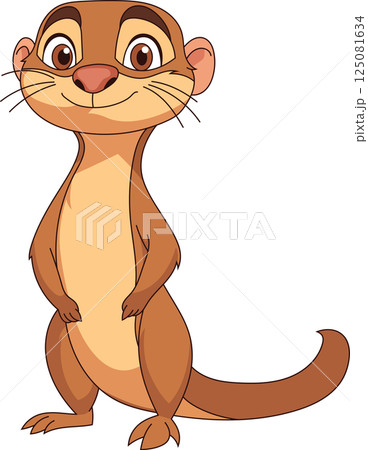 Charming cartoon meerkat with a warm smile, expressive eyes, and a cute pose, set against a black backdrop, radiating friendliness. 125081634