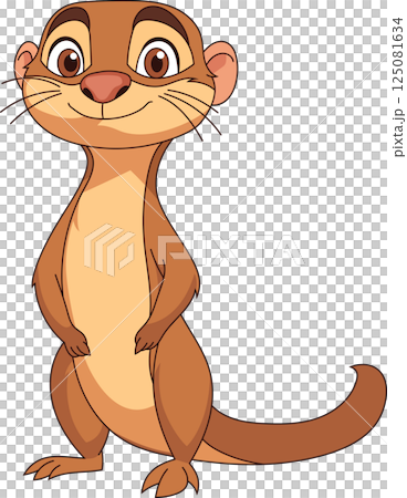 Charming cartoon meerkat with a warm smile, expressive eyes, and a cute pose, set against a black backdrop, radiating friendliness. 125081634