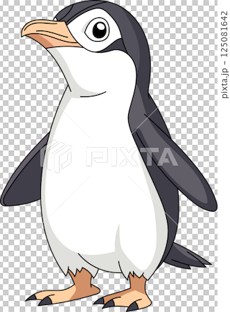 A cartoon penguin stands against a black backdrop, featuring gray plumage, a white belly, a yellow beak, and black feet, creating a simple scene. 125081642