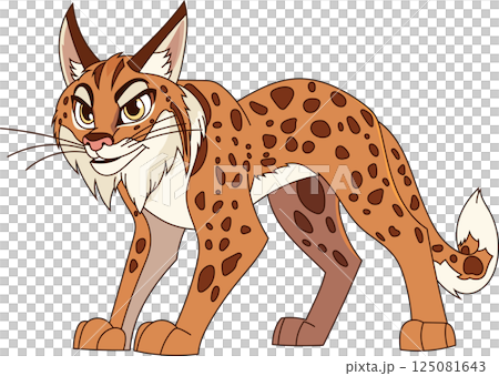 Cartoon lynx with an intense stare, poised in a dynamic pose, showcases unique spot patterns and a fluffy tail against a transparent background. Cartoon lynx with an intense stare, poised in a dynamic pose, showcases unique spot patterns and a fluffy tail against a transparent background. 125081643