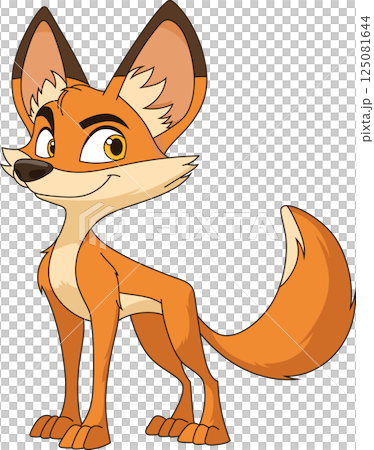 A charming cartoon fox with a sly smile, standing alert. Its bright orange fur and confident stance make it stand out on the black background. A charming cartoon fox with a sly smile, standing alert. Its bright orange fur and confident stance make it stand out on the black background. 125081644