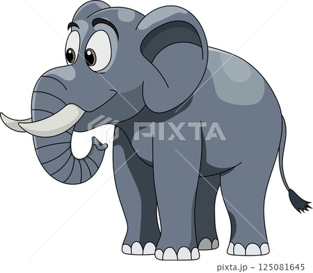 A cartoon elephant is depicted with a friendly expression, showcasing its large ears, tusks, and trunk. It's set against a black background. A cartoon elephant is depicted with a friendly expression, showcasing its large ears, tusks, and trunk. It's set against a black background. 125081645