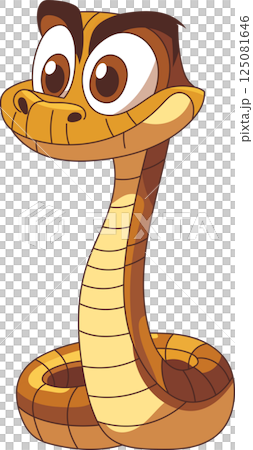 Cartoon snake with a sly grin, bright eyes, and tan and brown coloring, coiled and ready to strike. Cute yet menacing. 125081646
