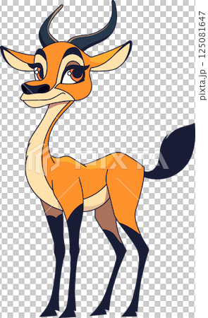 Cartoon-style gazelle with orange and beige fur, long neck, and dark blue legs and tail, standing against a black backdrop. 125081647