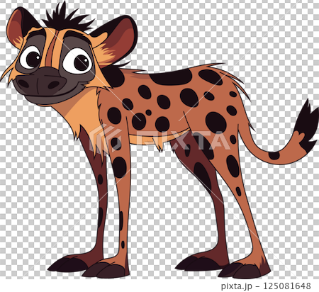 A stylized illustration of a spotted hyena standing with a neutral expression against a solid black background. Hyena is light orange. 125081648
