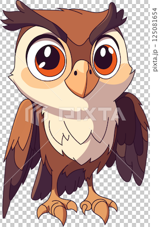 Cartoon depiction of an owl standing with big eyes, expressive eyebrows, and brown and beige plumage, set against a dark background. 125081654