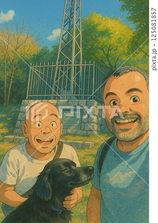 composite image of happy couple with their dog 125081857