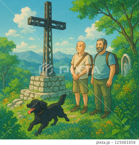 a man and a woman with a dog on a walk in the park with a dog a man and a woman with a dog on a walk in the park with a dog 125081858