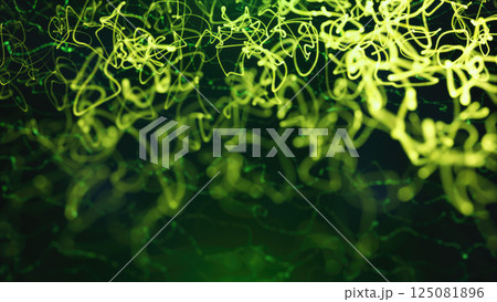 Bright neon green light trails curving and intersecting against a black futuristic backdrop Bright neon green light trails curving and intersecting against a black futuristic backdrop 125081896