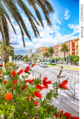 Street with typical architecture of the old center of Cagliari and Town Hall, Municipio di Cagliari. 125082021