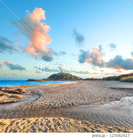 View of beautiful Chia bay and wonderful beach with Torre di Chia tower. View of beautiful Chia bay and wonderful beach with Torre di Chia tower. 125082027