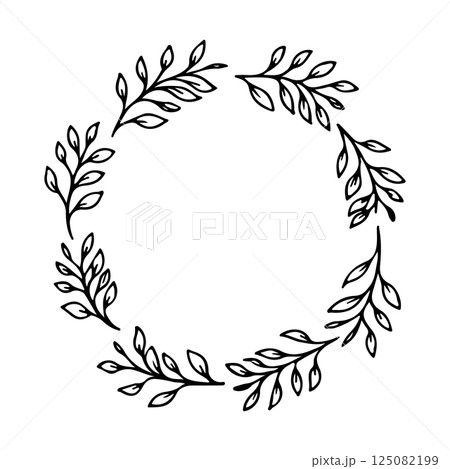 A classic hand-drawn botanical wreath with clean, natural curves and soft foliage. 125082199
