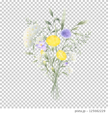 Bouquet of watercolor wildflowers dandelion, bellflower, yarrow and meadow grasses. Hand drawn isolated illustration of white, yellow and lilac flowers, wild greenery for postcards and stickers 125082229