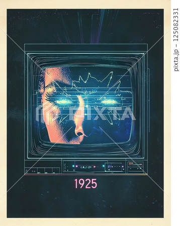 A retro television screen displays a close-up of a human face integrated with digital elements. The year 1925 dates the vintage aesthetic while hinting at modern technological themes. A retro television screen displays a close-up of a human face integrated with digital elements. The year 1925 dates the vintage aesthetic while hinting at modern technological themes. 125082331