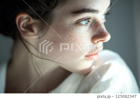 A woman with delicate freckles gazes thoughtfully to the side, her natural beauty enhanced by soft lighting. Her hair is gently styled, adding to the serene atmosphere. 125082347