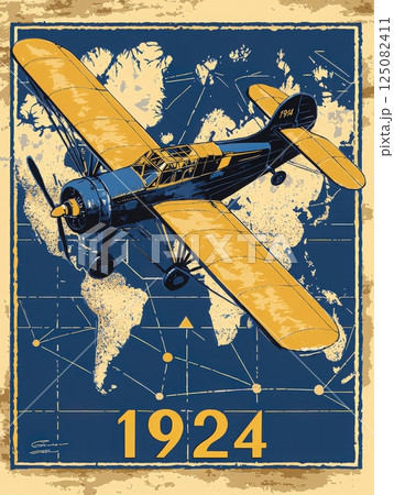 A classic airplane with yellow wings flies over a map of the world. This artwork represents early aviation and global exploration during the year 1924, highlighting the excitement of travel. 125082411