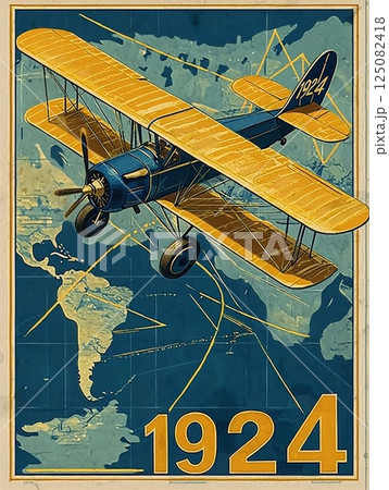 A biplane aircraft flies above a detailed world map highlighting flight routes. The illustration is vibrant with yellow and blue colors, featuring the year 1924 prominently. 125082418