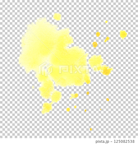 Yellow abstract watercolor stain with soft, blurry edges, drops and blobs. Hand drawn paint blurring in wet-on-wet technique. Translucent spot design element isolated from background for backdrop 125082538