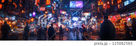 Futuristic eco-market bustling with people trading handmade goods Futuristic eco-market bustling with people trading handmade goods 125082565