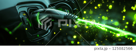 Futuristic electric car charging with vibrant glow in a modern urban environment 125082566